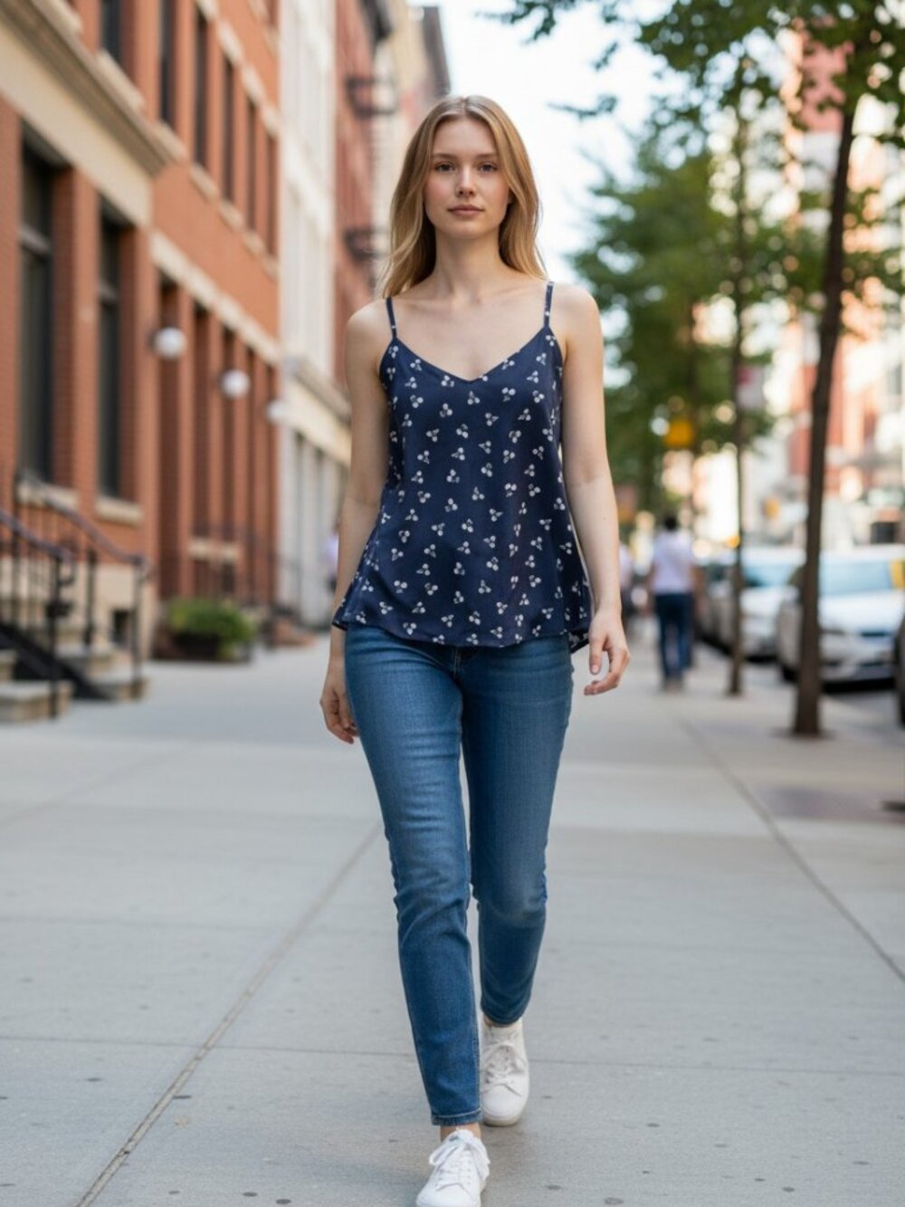 AMOUR VERT 100% Silk Cherry V Neck Blue Tank NWT